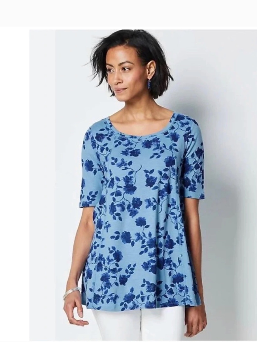J.Jill Pima Seamed Elbow Sleeve Floral Blue Tunic Top Large Like New